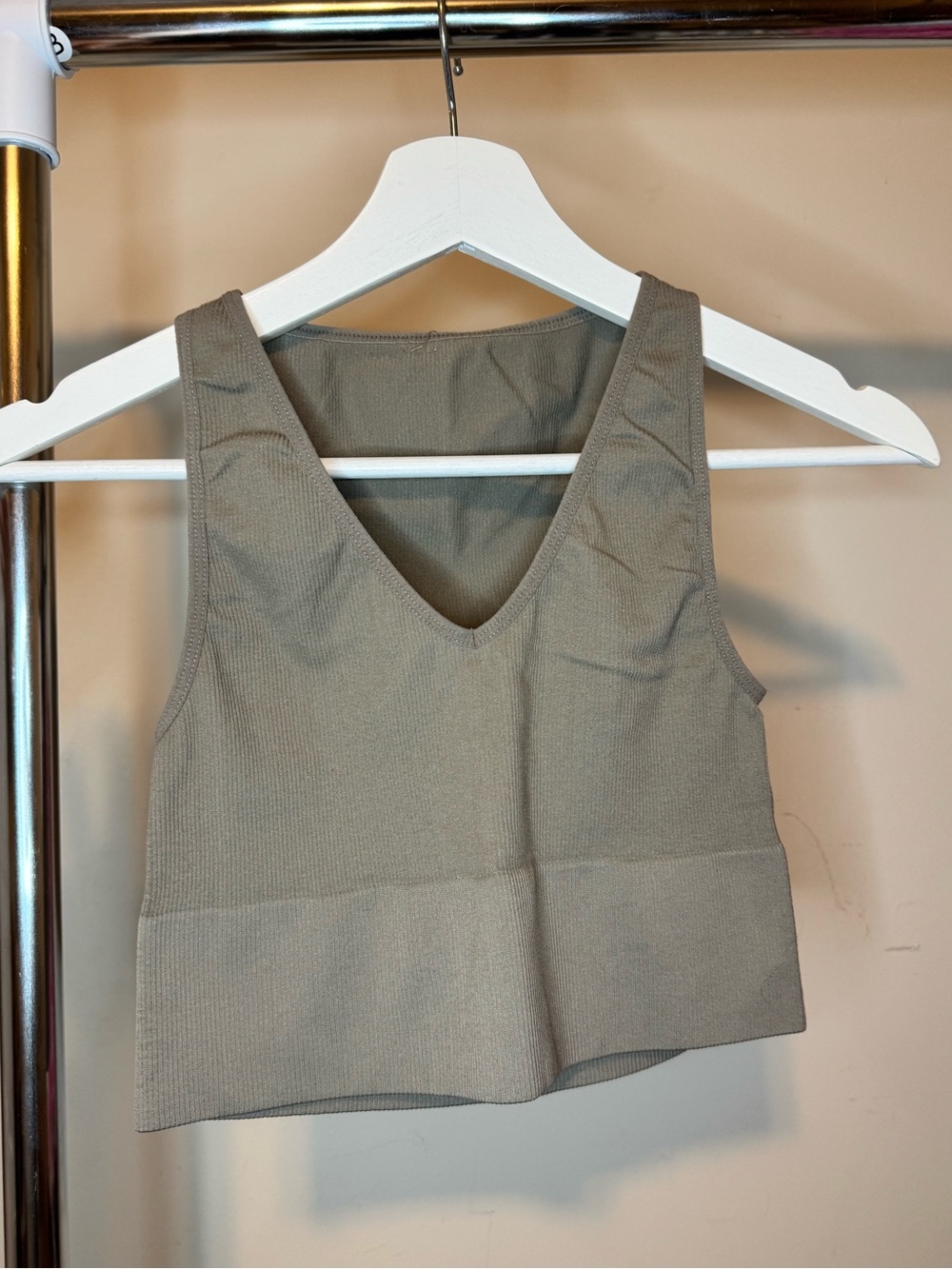 Women's V-Neck Ribbed Cropped Tank Top - Taupe